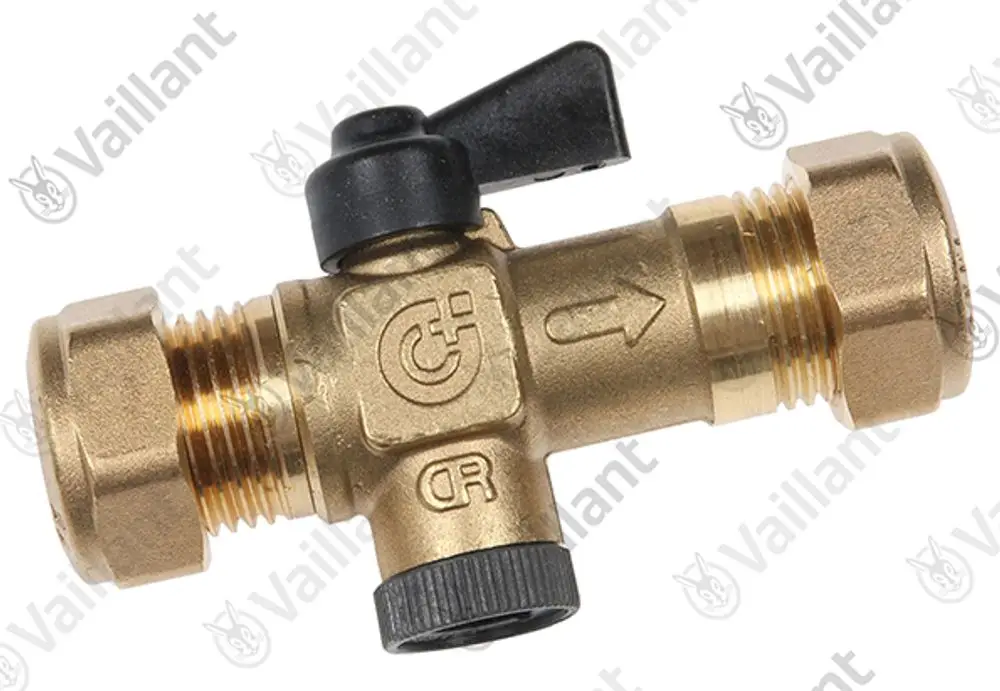 Vaillant Rückflussverhinderer mit einem Hebel und Gewindeanschlüssen, in metalldozierender Ausführung.